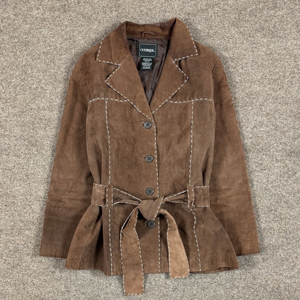 Outbrook Brown Suede Leather Belted Jacket Women’s Medium Contrast Stitching Y2K